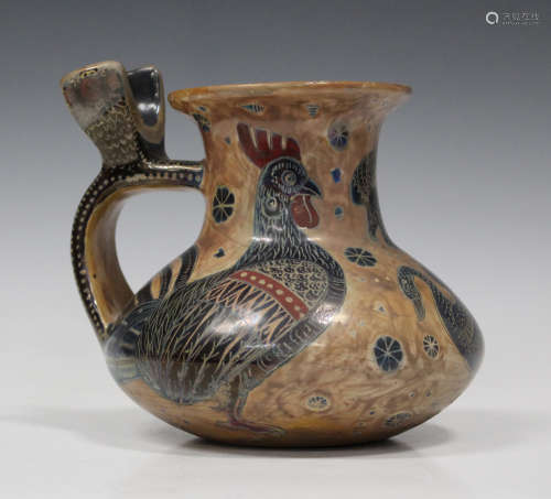 A Cantagalli pottery jug, early 20th century, the lustre glazed body decorated with various birds,