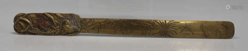 A Japanese bronze paper knife, Meiji period, the blade with engraved flowers and landscape, the