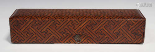 A Japanese Hakone inlaid rectangular document box and cover, Meiji period, with all-over keyfret