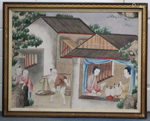 A near pair of Chinese export paintings on paper, mid/late Qing dynasty, each painted with a figural
