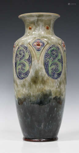 A Royal Doulton vase, circa 1922-56, the tapering body decorated in relief with foliate medallions