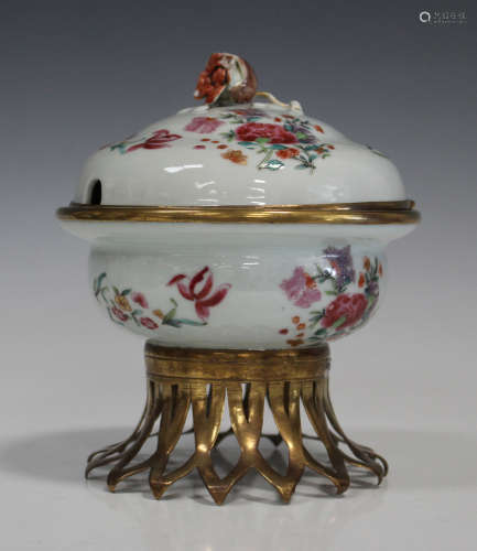 A Chinese famille rose export porcelain écuelle and cover, Qianlong period, with later gilt metal