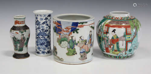 A Chinese wucai style porcelain brush pot, mark of Kangxi but modern, painted with figures, height