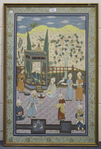 An Indian gouache painting, 20th century, depicting a court scene of a maharaja seated within a