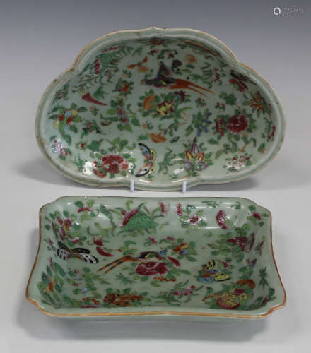 Two Chinese Canton famille rose enamelled celadon ground porcelain dishes, mid/late 19th century,