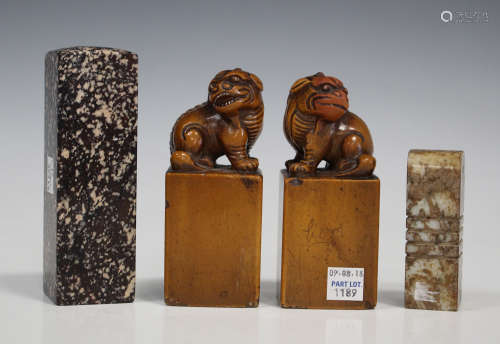 A pair of Chinese brown soapstone seals, 20th century, each rectangular plinth with carved