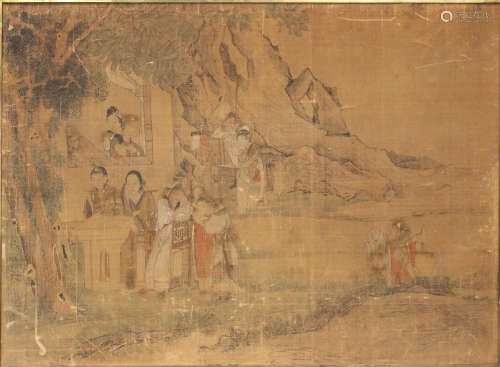 A Chinese painting on canvas, late Qing dynasty, depicting an evening open air family party with