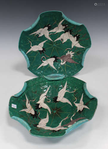 A Japanese enamelled earthenware bowl and matching dish, Meiji period, each modelled as a green