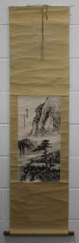 A group of four hanging scroll paintings, comprising two monochrome studies of bamboo, 88cm x 26.5cm