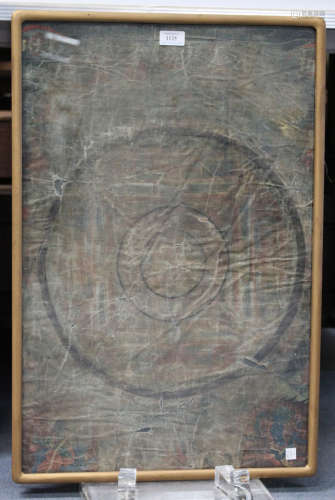 A Tibetan thangka, painted with Mahakala clutching a 'Wheel of the Law', 68cm x 45cm (badly worn,
