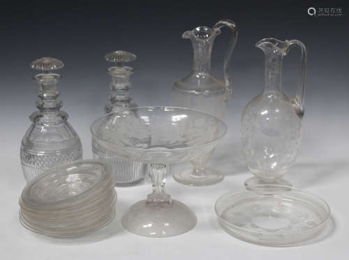 A pair of Regency cut glass decanters and stoppers, 19th century, of mallet form, together with a