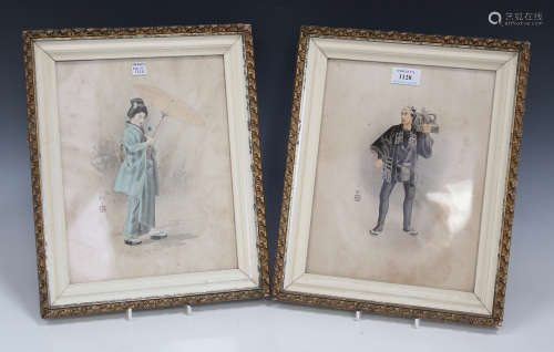 A pair of Japanese watercolour paintings on paper, early 20th century, depicting a standing