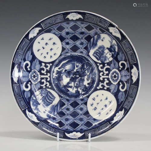 A Japanese blue and white porcelain circular dish, early 20th century, painted with a central dragon