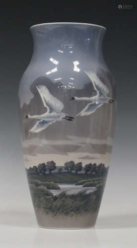 A large Royal Copenhagen porcelain vase, circa 1969-74, decorated with swans in flight, printed