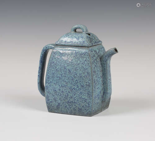 A Chinese robin's egg glazed Yixing stoneware teapot and cover, the tapered square section body