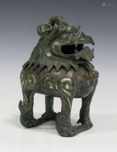 A Chinese inlaid green patinated bronze censer and cover, Kangxi style but probably 20th century,