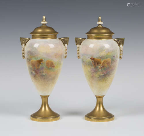 A pair of Royal Worcester porcelain two handled vases and covers, circa 1956, painted by H. Stinton,