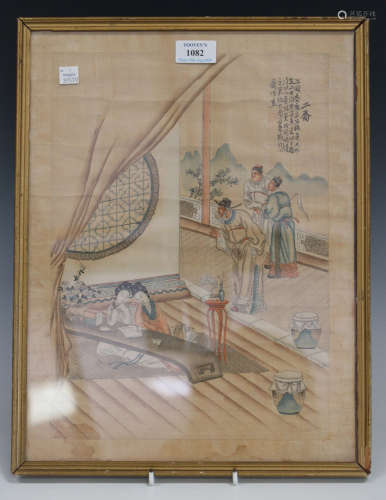 A Chinese watercolour on silk, early 20th century, depicting two maidens seated in a pavilion and
