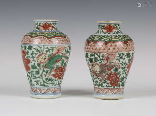 A near pair of Chinese famille verte porcelain vases, Transitional period (mid-17th century), each