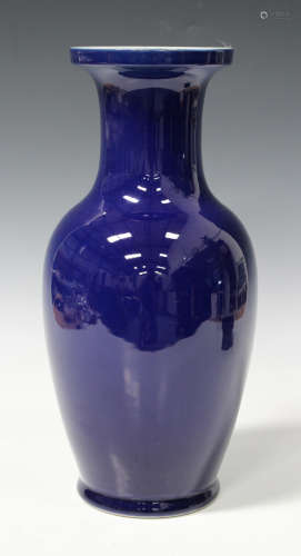 A Chinese blue monochrome glazed porcelain vase, 20th century, the shouldered ovoid body with flared