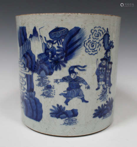 A Chinese blue and white porcelain brush pot, Transitional style but modern, painted with figures in