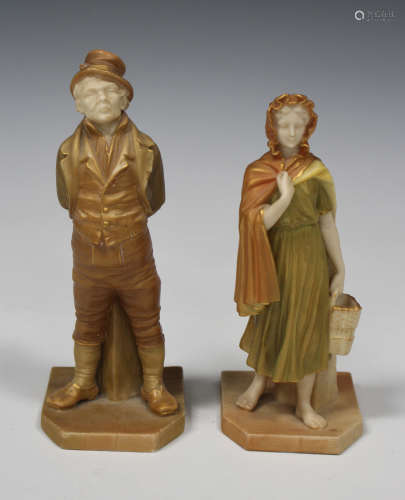 Two Royal Worcester porcelain Shot Enamel figures, circa 1897 and 1900, modelled by Hadley as an