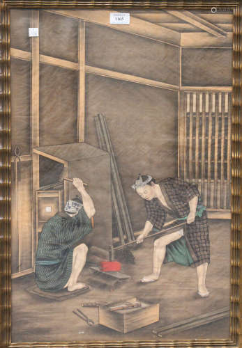 A Japanese painting on silk, Meiji/Taisho period, depicting a blacksmith and his assistant, 65cm x