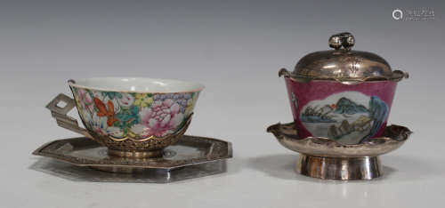 A Chinese silver and famille rose enamelled porcelain tea bowl, cover and stand, mark of Qianlong