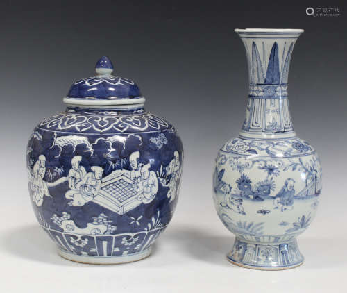 A Chinese Ming style blue and white bottle vase, mark of Wanli but modern, painted with figures,