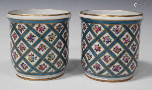 A pair of Continental porcelain Sèvres style cachepots, 19th century, each of U-shape enamelled with