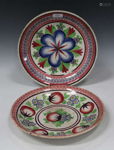 Two spongeware pottery dishes in Llanelly style, 19th century, the first with central blue flower,