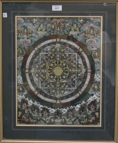 A Tibetan watercolour and gouache thangka, probably early/mid-20th century, painted with a central