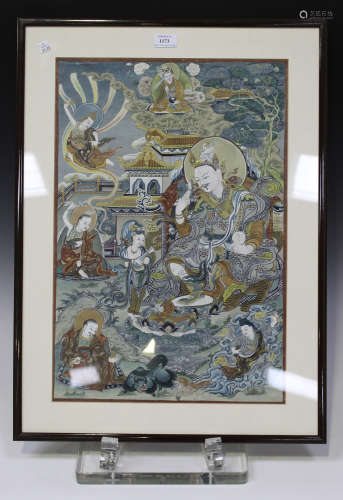 A Tibetan thangka, 20th century, painted in gouache with Buddhistic deities and mythical animals,