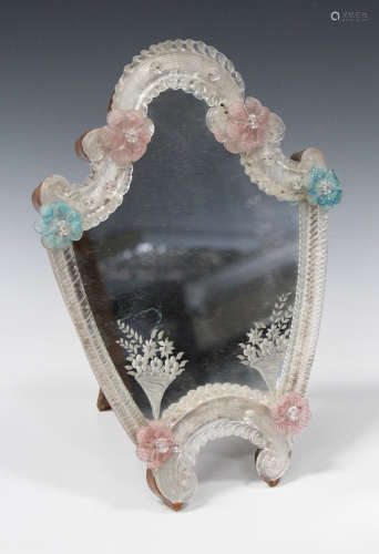 A Venetian glass mirror frame, first half 20th century, the mirror engraved with floral