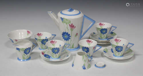 An Art Deco Shelley bone china Eve shape part coffee service, circa 1940-66, decorated with daisies,