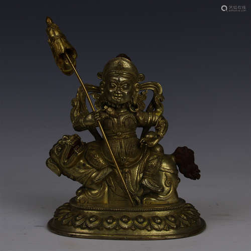 CHINESE GILT BRONZE SEATED GOD OF WEALTH ON LION