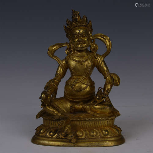 TIBETAN GILT BRONZE SEATED YELLOW JAMBHALA