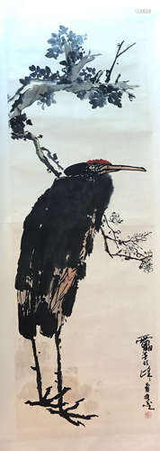 CHINESE SCROLL PAINTING OF CRANE UNDER TREE