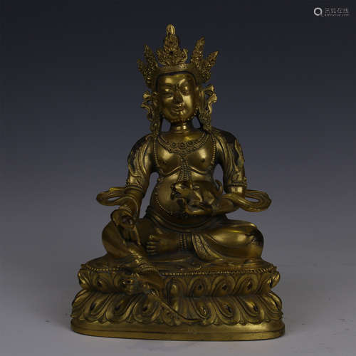 TIBETAN GILT BRONZE SEATED YELLOW JAMBHALA