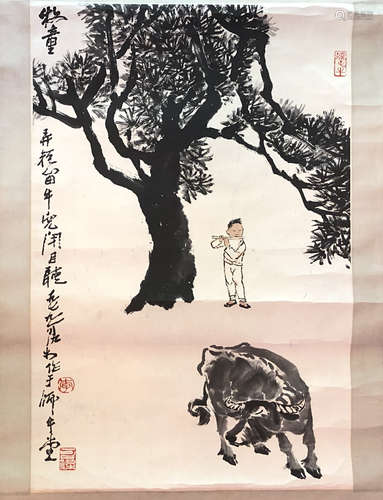 CHINESE SCROLL PAINTING OF COWBOY AND OX