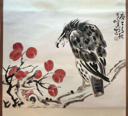 CHINESE SCROLL PAINTING OF EAGLE ON TREE