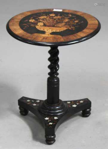 A 19th century Italian ebonized and floral marquetry tip-top wine table, the circular top inlaid