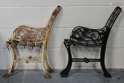 Four pairs of late 20th century cast metal garden bench ends of scrolling form.Buyer’s Premium 29.4%