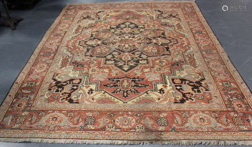 A Heriz design soumac weave carpet, late 20th century, the pink field with a large shaped medallion,