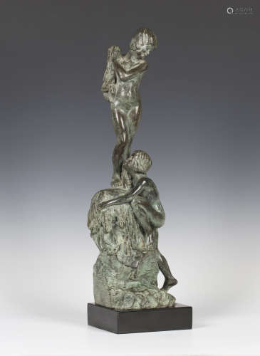 Elizabeth Anna Clapp - an early 20th century green patinated cast bronze figure group of two young