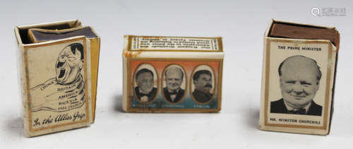 Three mid-20th century celluloid covered matchbox sleeves, all printed with propaganda related to