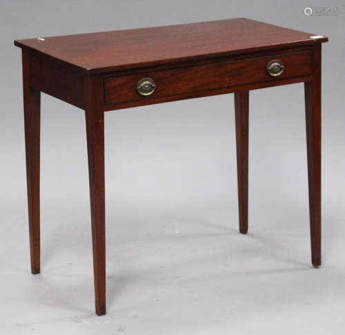 A George III mahogany side table, fitted with a single drawer with ebony stringing, raised on square