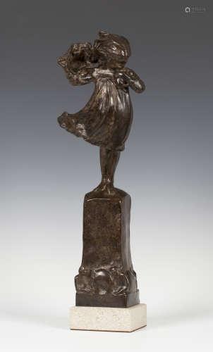Robin Shippard - an early 20th century brown patinated cast bronze figure of a windswept girl,