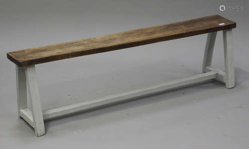 A late 19th century stained and grey painted bench, raised on splayed block legs, height 41.5cm,