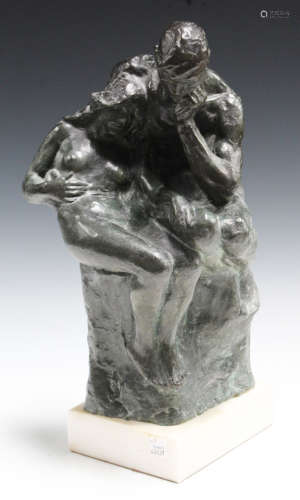 A 20th century green patinated bronze figure group of a nude embracing couple, incised initial '